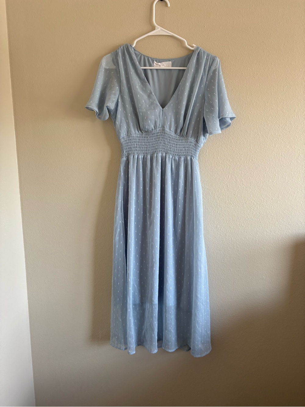 Light Blue V-Neck Midi Dress with Smocked Waist